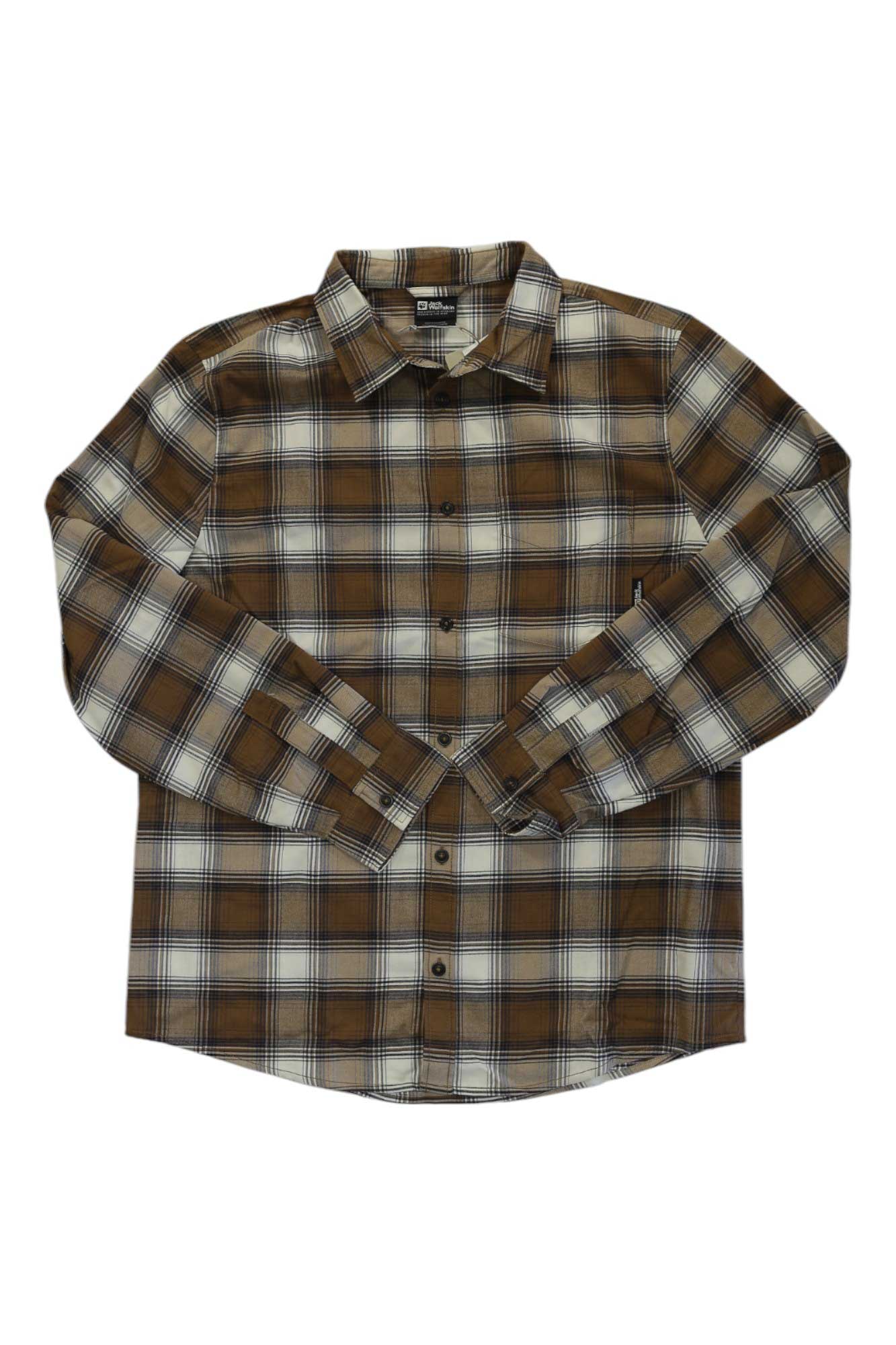 The Jack Wolfskin Mens Wanderweg Shirt, a long-sleeved flannel with brown, black, and white plaid, is shown laid flat on a white background. This breathable button-up combines classic style with comfort.