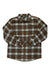 The Jack Wolfskin Mens Wanderweg Shirt, a long-sleeved flannel with brown, black, and white plaid, is shown laid flat on a white background. This breathable button-up combines classic style with comfort.