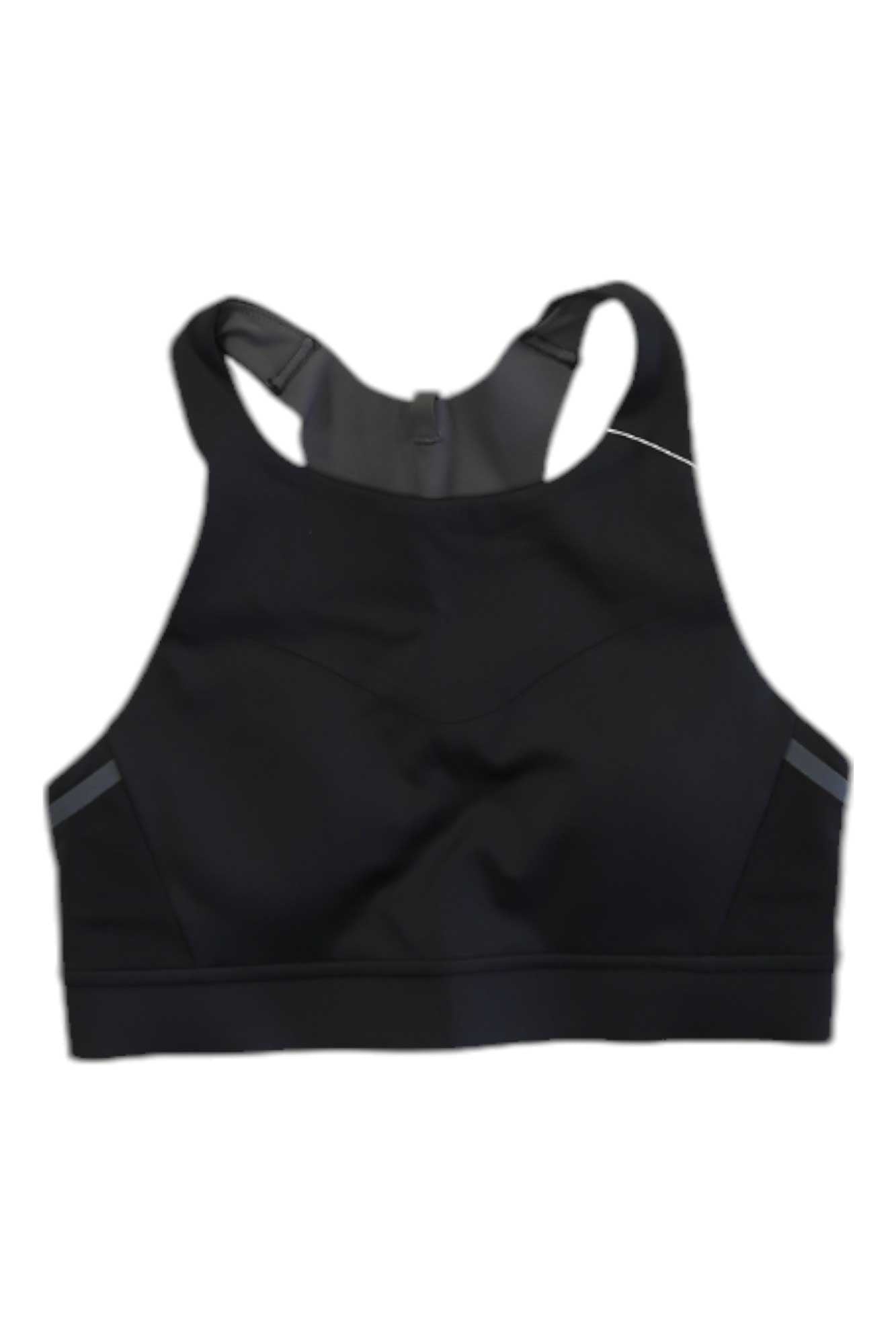 The Brooks Womens Drive 3 Pocket Bra is a black, high-impact sports bra with racerback straps, subtle seam details, and a wide elastic band. Shown on a white background, it's perfect for running and intense workouts.