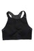 The Brooks Womens Drive 3 Pocket Bra is a black, high-impact sports bra with racerback straps, subtle seam details, and a wide elastic band. Shown on a white background, it's perfect for running and intense workouts.
