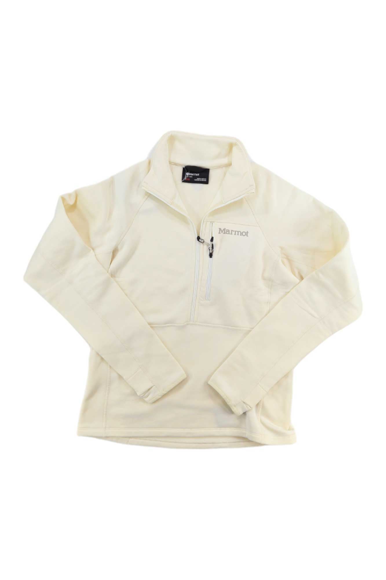 A cream Marmot Womens Olden Polartec 1/2-Zip fleece with long sleeves, small chest pocket, moisture-wicking Power Stretch fabric, and logo on the left chest. The fleece is laid flat on a white background.