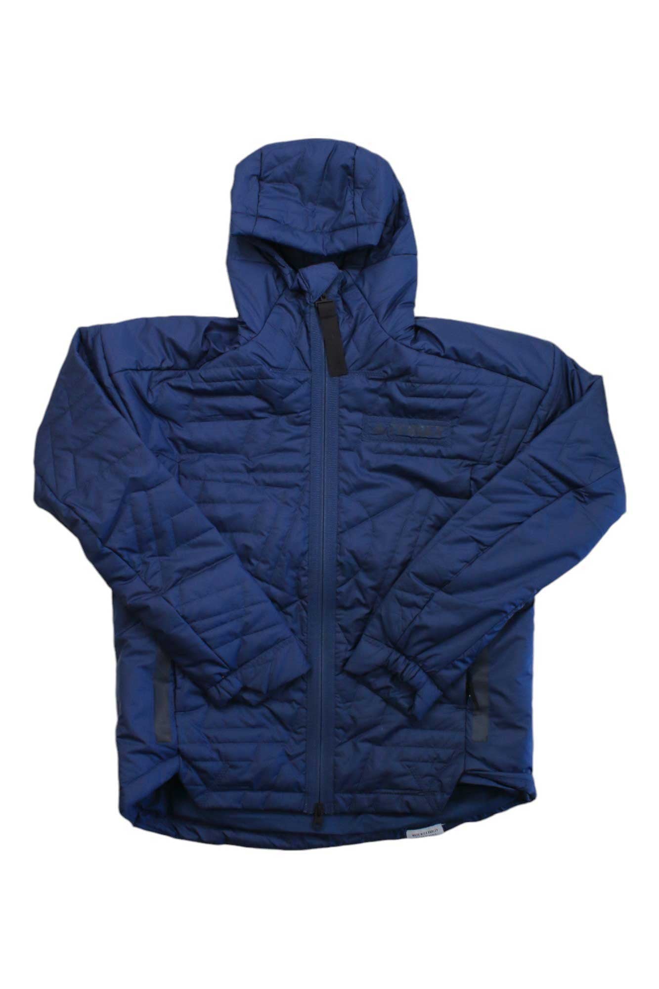 The Adidas Womens Terrex Myshelter Primaloft Hooded Jacket in blue features PrimaLoft insulation, a front zipper, and long sleeves, shown laid flat on a white background.