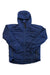 The Adidas Womens Terrex Myshelter Primaloft Hooded Jacket in blue features PrimaLoft insulation, a front zipper, and long sleeves, shown laid flat on a white background.