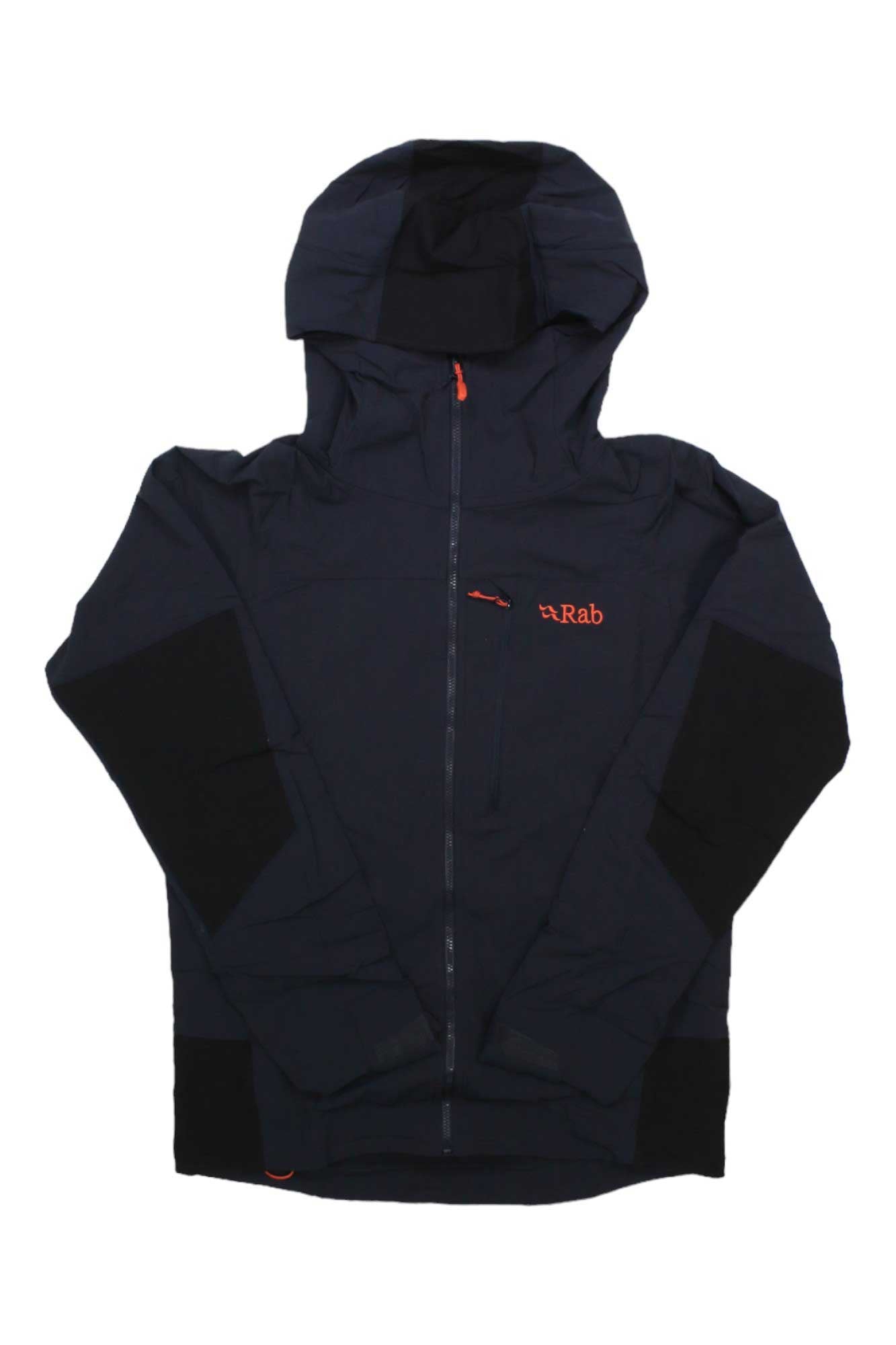 The Rab Mens Torque Jacket is a black, hooded jacket with a red logo on the chest, front zipper, and reinforced black sleeves and lower body—perfect for hiking.