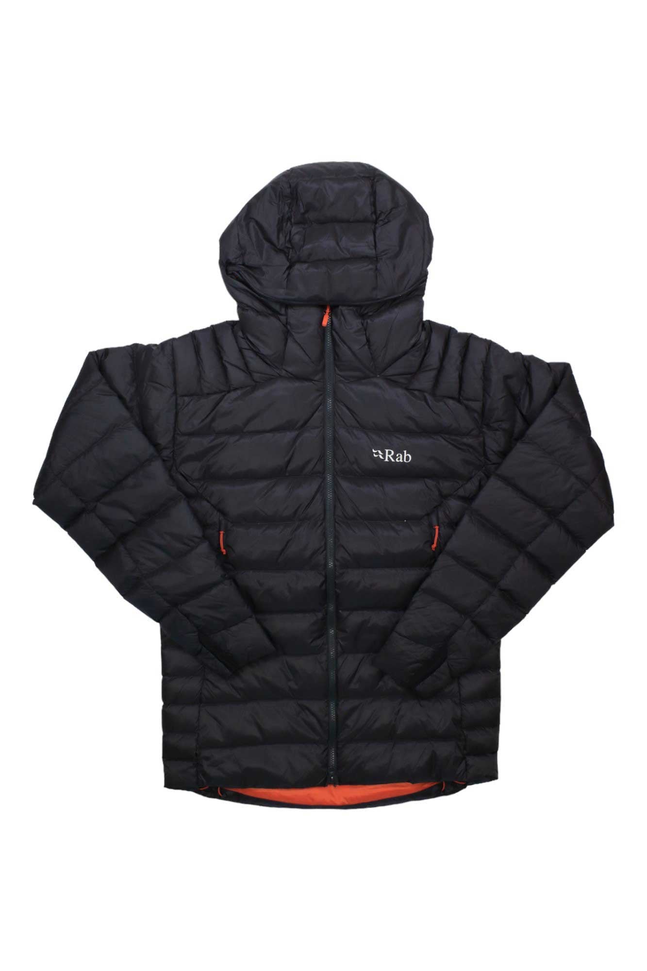 Men’s puffer jacket with hood, black outer, orange hem panel, full front zip