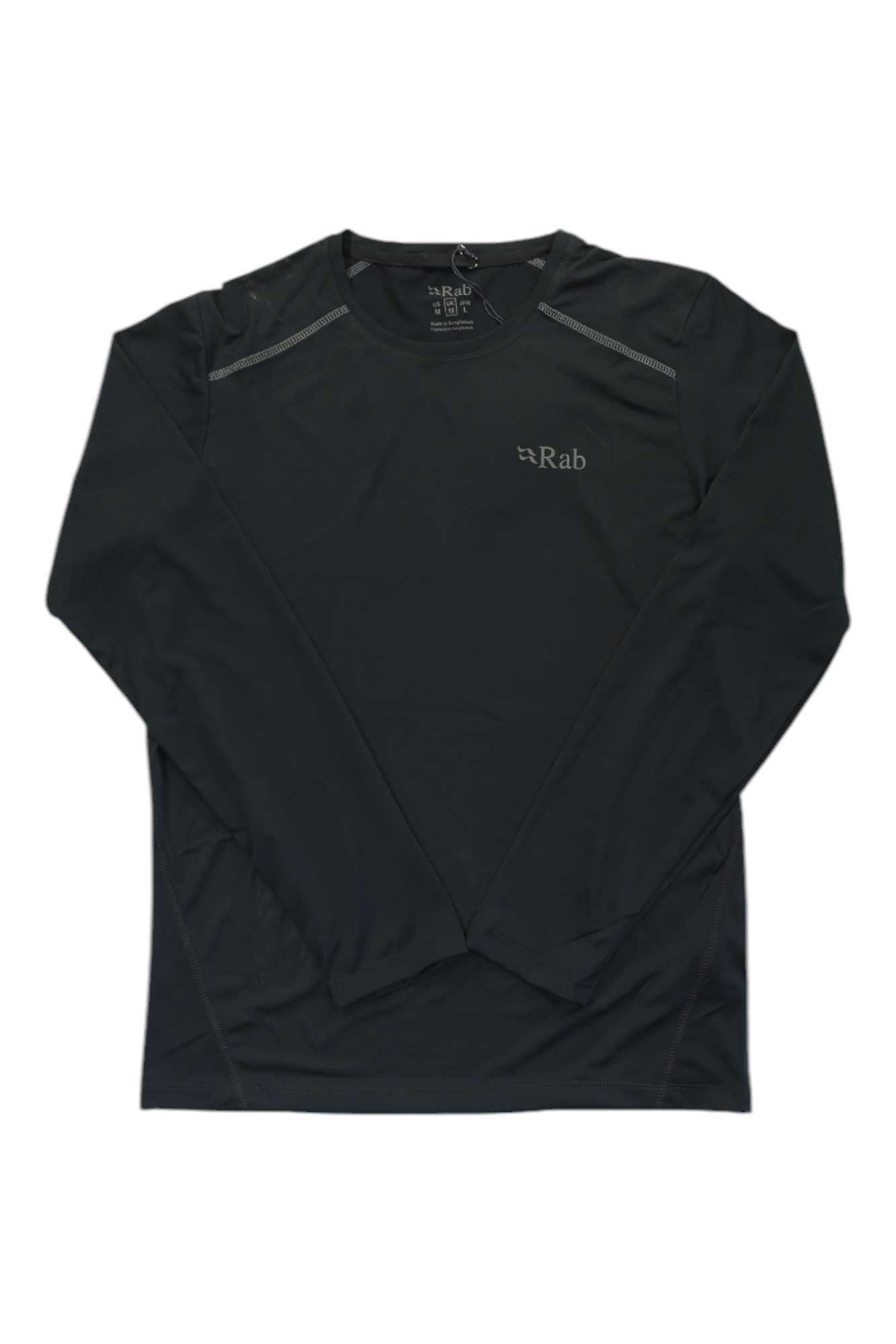 Black long-sleeve athletic shirt with Rab logo on left chest, shown flat on a white background. The Rab Mens Force LS Tee is a moisture-wicking baselayer, perfect for active pursuits.
