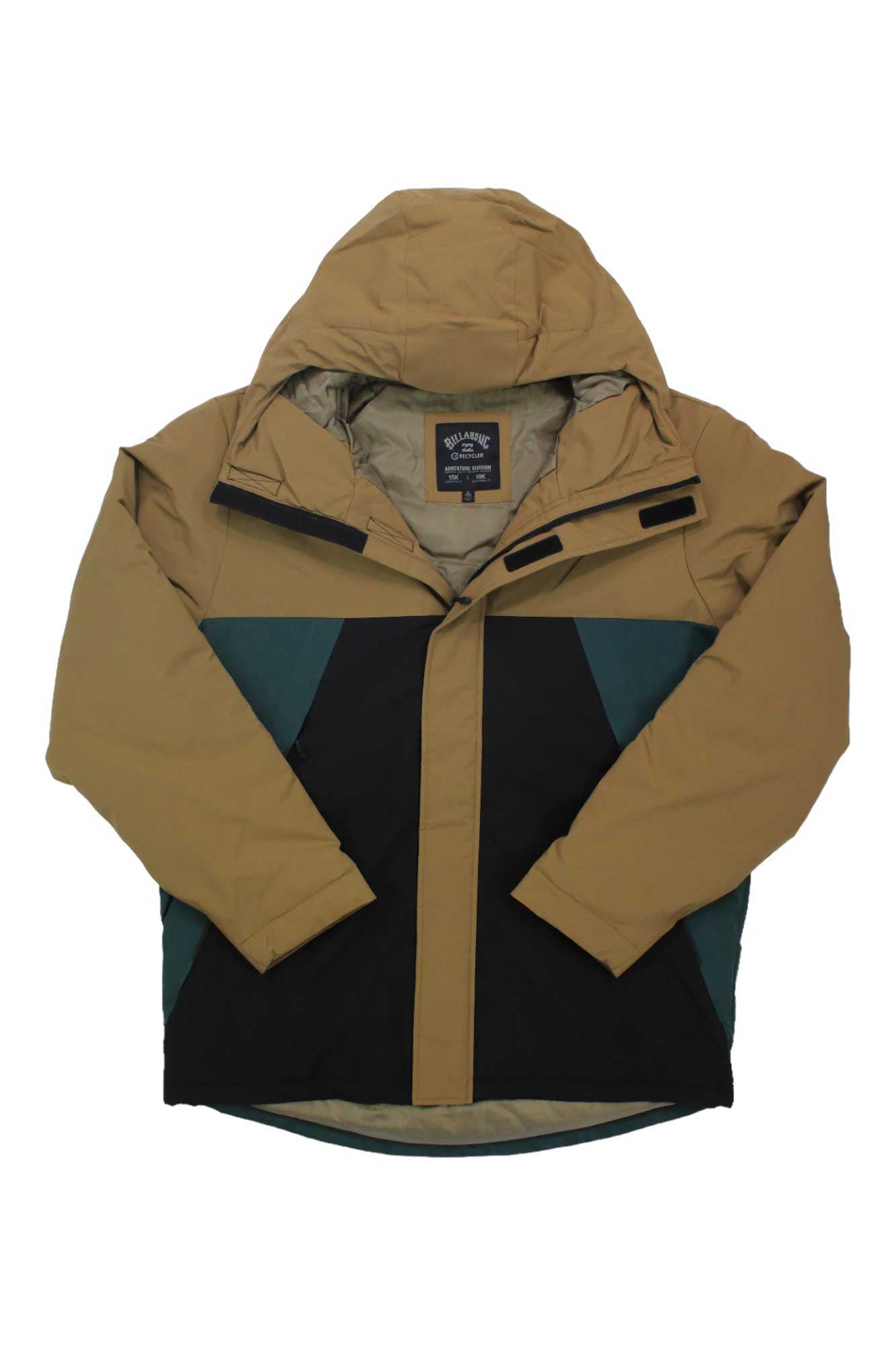 The Billabong Mens Expedition Jacket features tan, black, and dark green color blocks, a water-repellent finish, front zipper, velcro closures, and long sleeves—perfect for winter travel adventures.