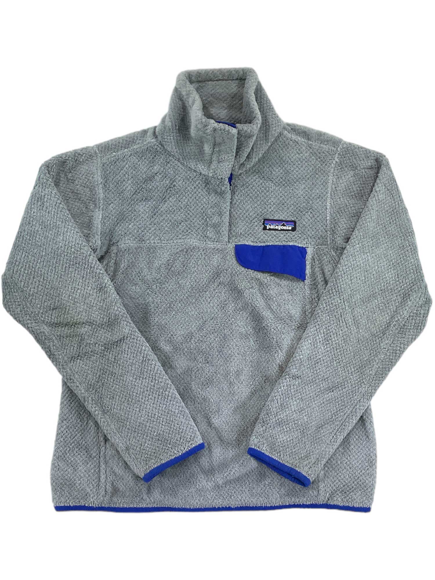 The Women's Re-Tool Snap-T Pullover is a gray Polartec Thermal Pro fleece with a quarter-zip collar, blue trim on the hem and cuffs, and a blue chest pocket topped with a logo patch.