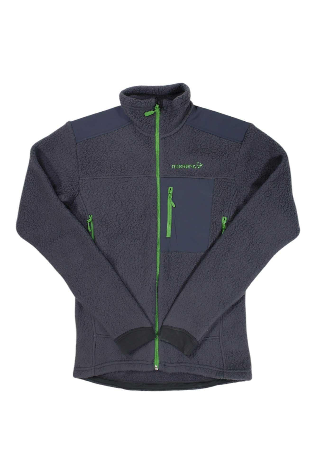 Norrona mens thermal pro jacket, dark navy fleece with bright green trim and zipper