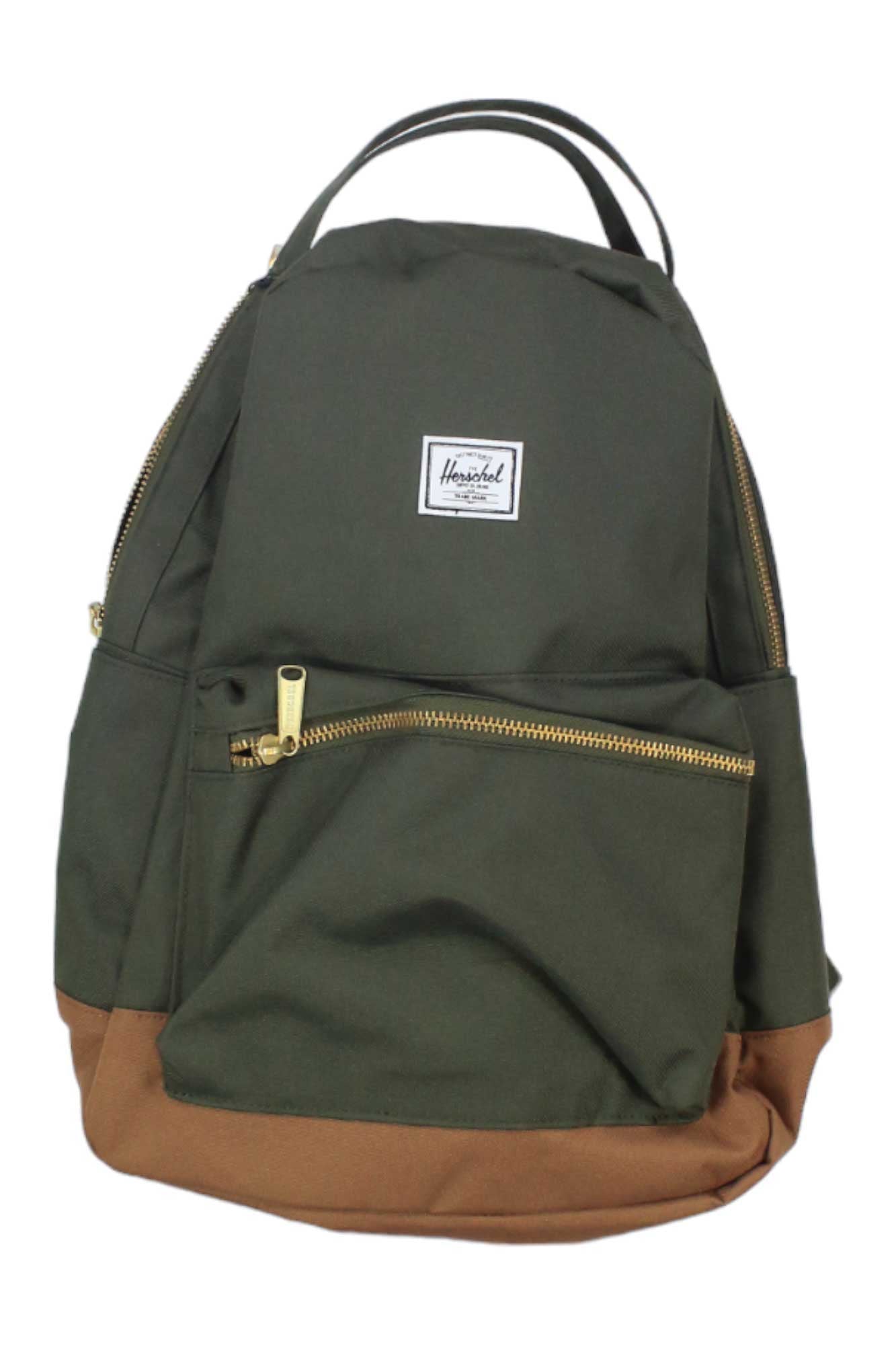 The Herschel Supply Co Nova Mid-Volume Eco Backpack is green and brown, made from recycled fabric, with a front zip pocket, gold zippers, a 13" laptop sleeve, and a white rectangular Herschel label on the upper front.