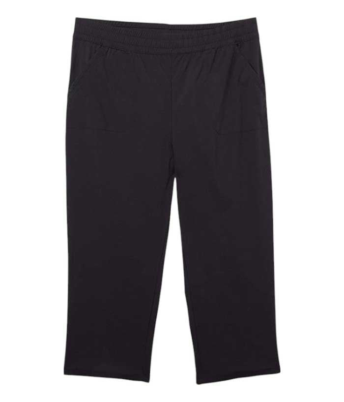 The North Face Aphrodite 3.0 Capri Pants for girls, black straight-leg with elastic waistband and side pockets, crafted from water-resistant fabric, are laid flat on a white background.