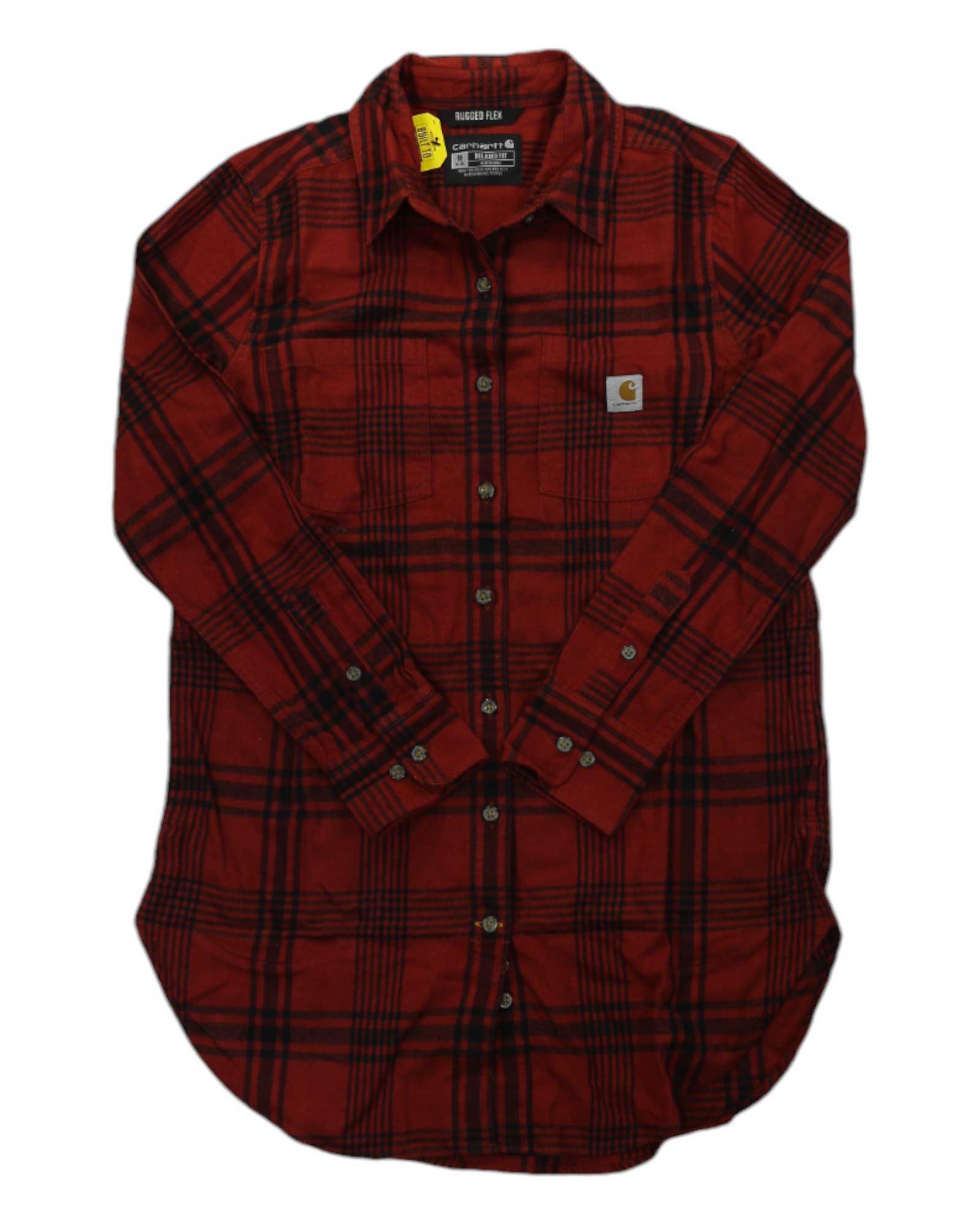 The Carhartt Womens Rugged Flex Relaxed Fit Midweight Flannel LS Plaid Tunic features long sleeves, a collar, black stripes, a relaxed tunic fit, and a logo patch on the left chest. It is shown laid flat on a white background.