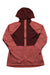 The Adidas Womens Terrex Tech Flooce Hooded Jacket is a two-tone fleece with a dark maroon hood and chest, dusty pink sleeves and lower body, long sleeves, front zipper, and is shown laid flat.