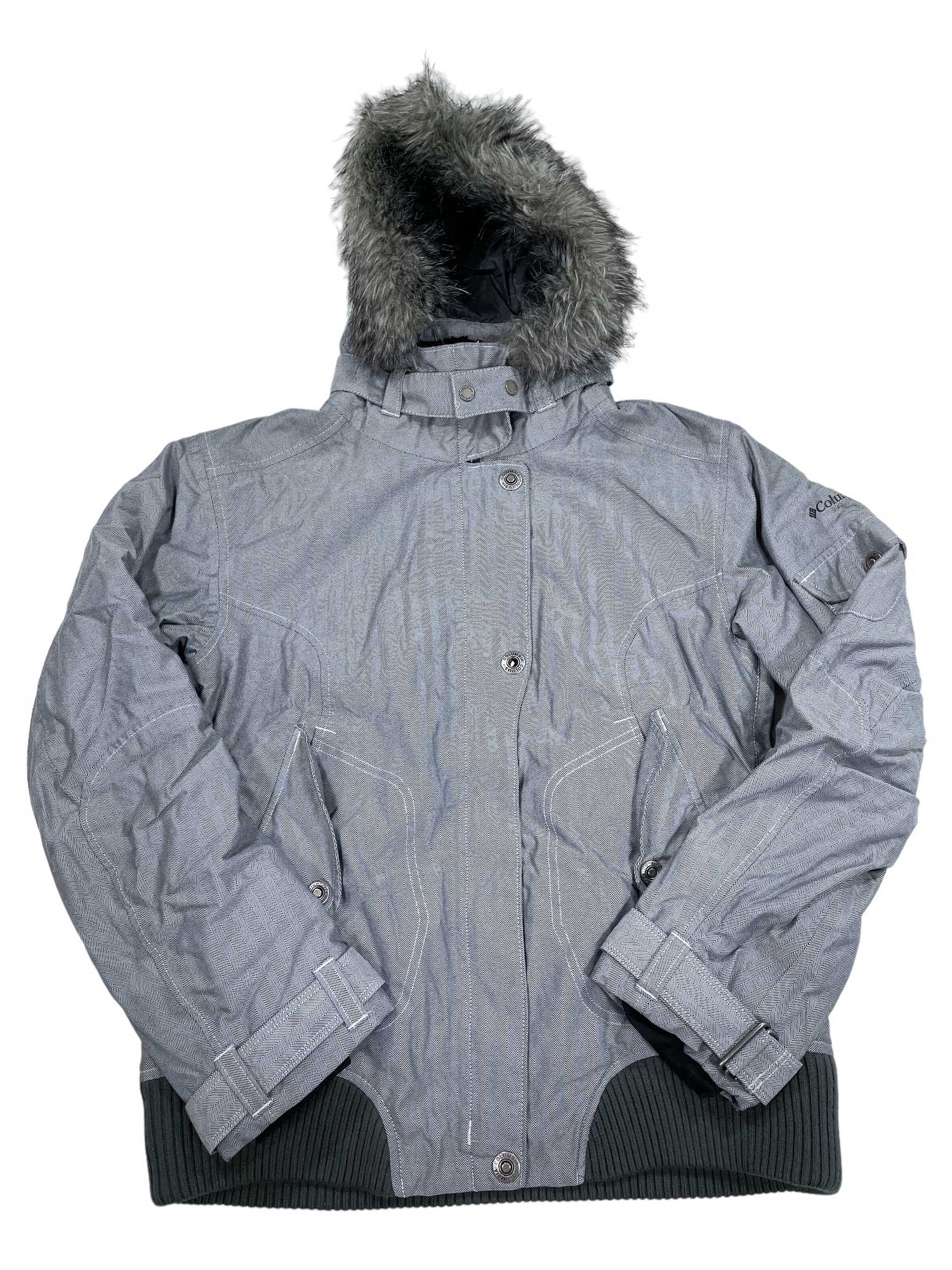 Grey waterproof jacket with faux-fur trimmed hood, snap front, ribbed cuffs