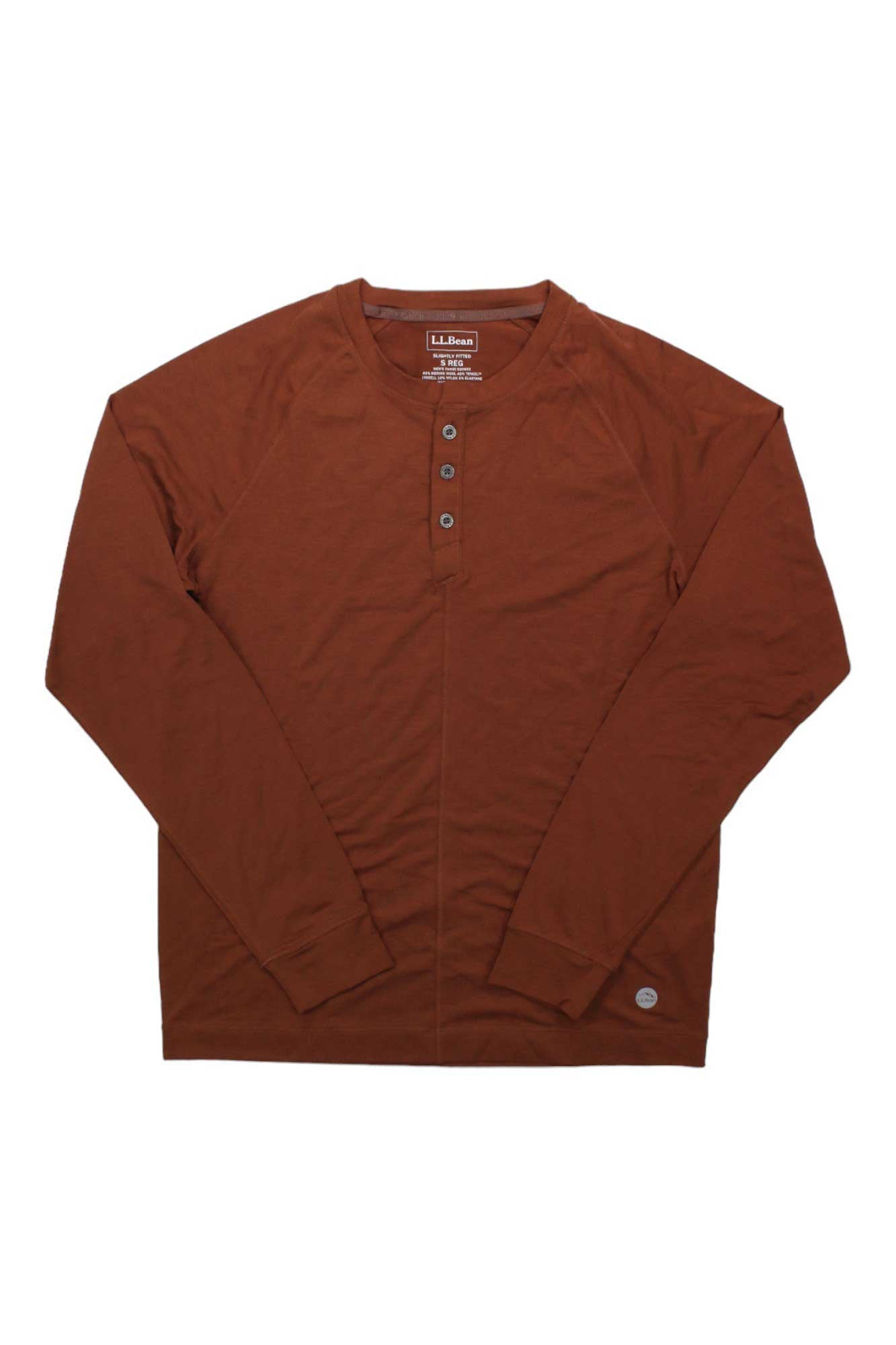 The L.L.Bean Men's Encompass Merino Wool Blend Henley in rust brown features long sleeves, a three-button collar, and is displayed flat on a white background.