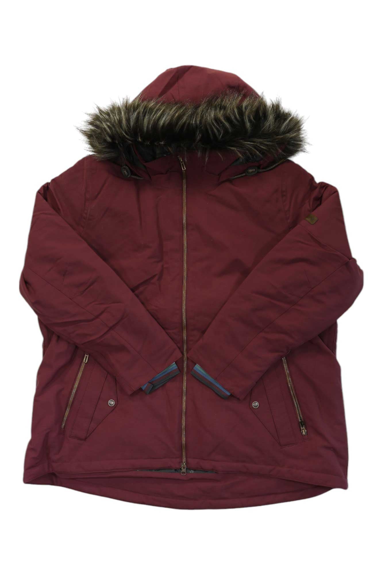 A Boulder Gear Womens Halo Jacket in maroon, featuring insulation, waterproof fabric, a faux fur-trimmed hood, front zipper, and two zippered pockets, displayed flat on a white background.