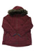 A Boulder Gear Womens Halo Jacket in maroon, featuring insulation, waterproof fabric, a faux fur-trimmed hood, front zipper, and two zippered pockets, displayed flat on a white background.