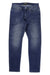 The DU/ER Mens Performance Denim Jean - Slim Fit features dark blue denim, a classic five-pocket design, slightly tapered legs, and subtle fading on the thighs and knees, displayed flat on a white background.
