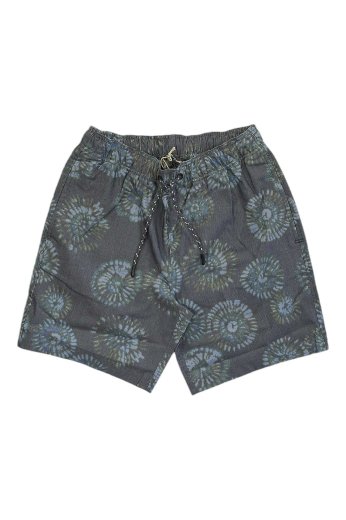 Men's navy pull-on shorts with light fan pattern, elastic waist, black drawstring