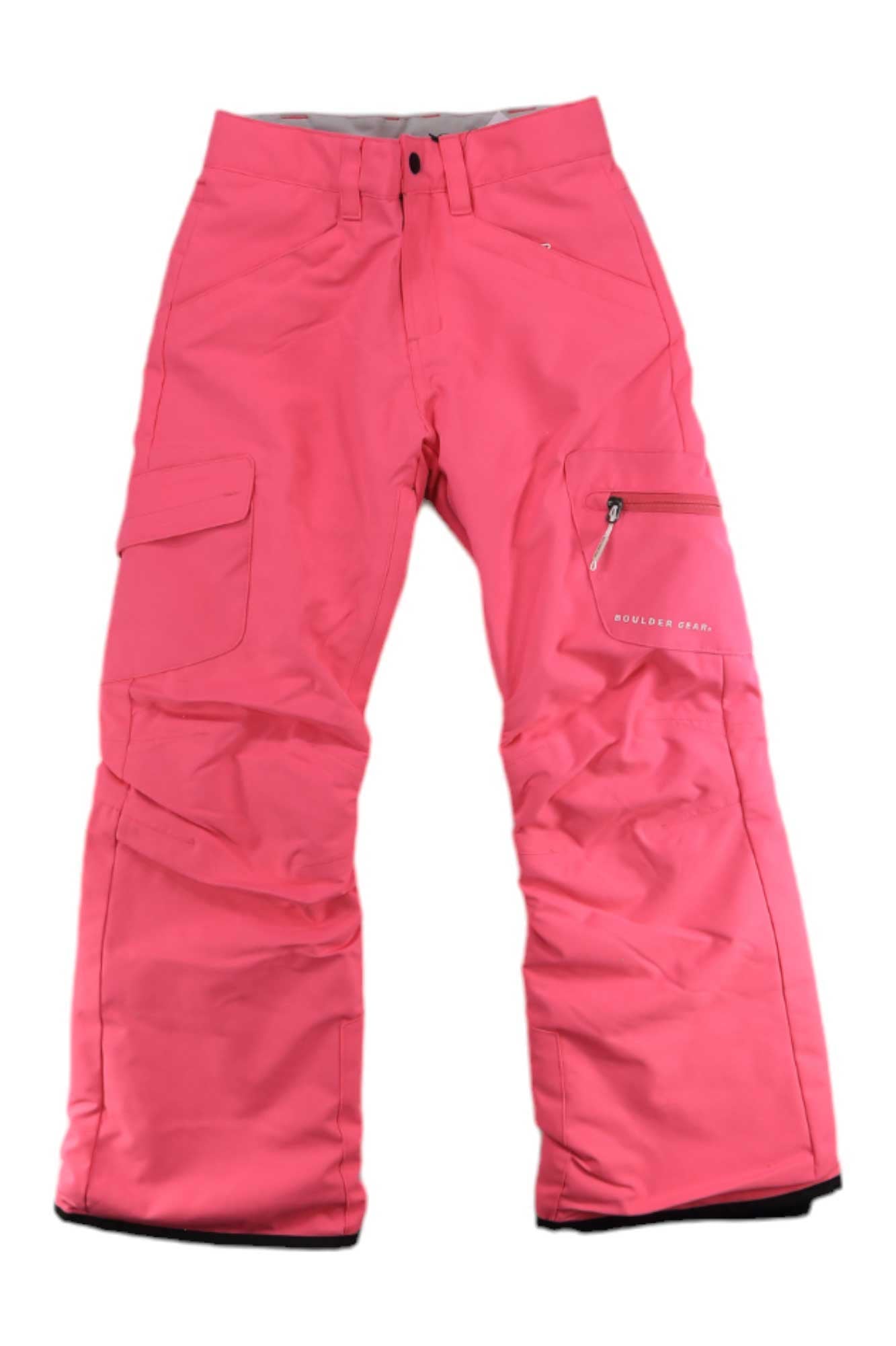 Stay warm in Ravish Insulated Pants—bright pink girls' ski pants by Boulder Gear featuring multiple pockets, button and zip closure, and reinforced knees. Ideal snowboarding pants for cold weather or winter outdoor adventures.