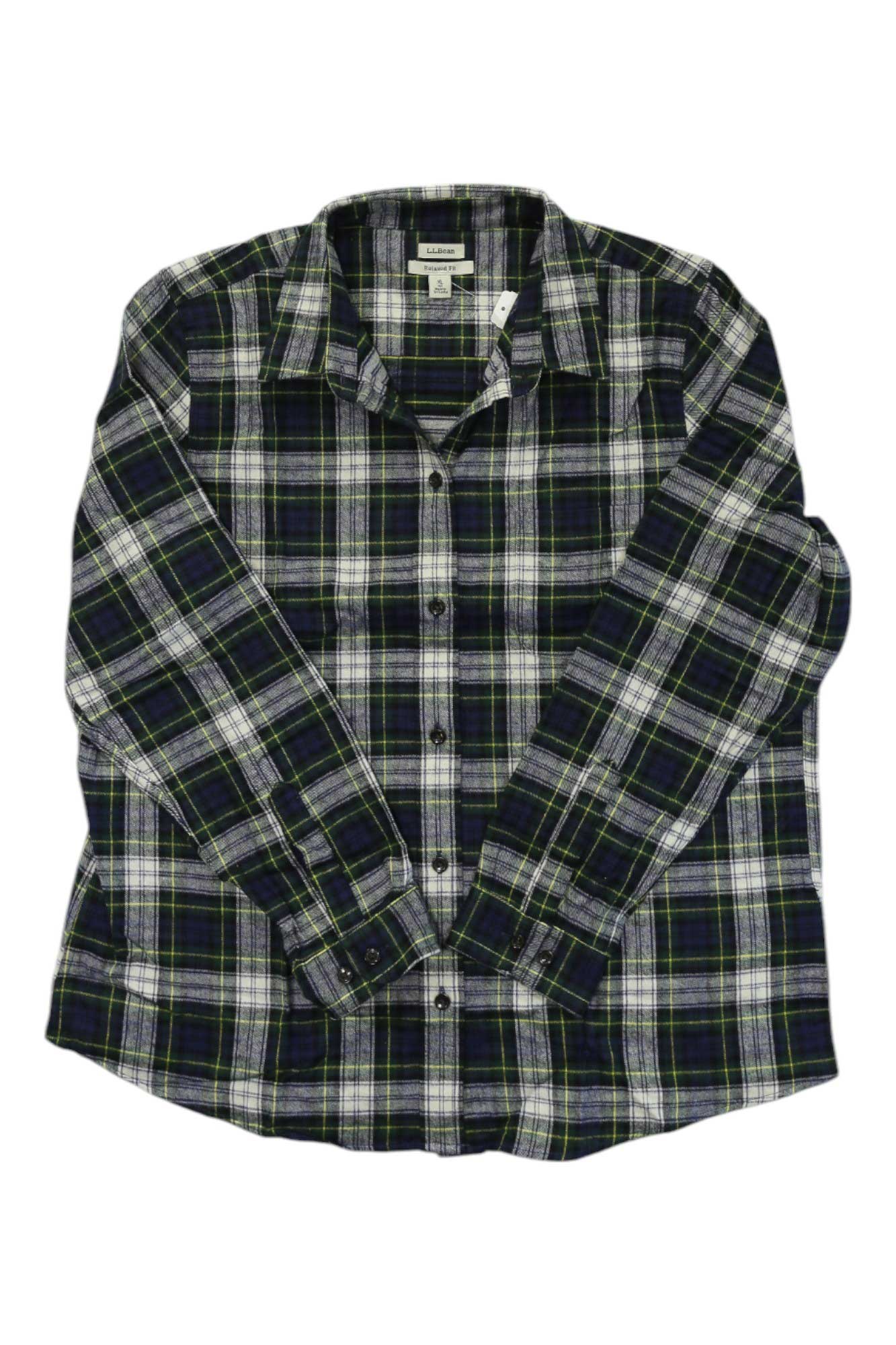 The L.L.Bean Womens Scotch Plaid Shirt, a long-sleeve button-up with green, navy blue, and white plaid in soft Portuguese cotton flannel, is shown laid flat on a white background.
