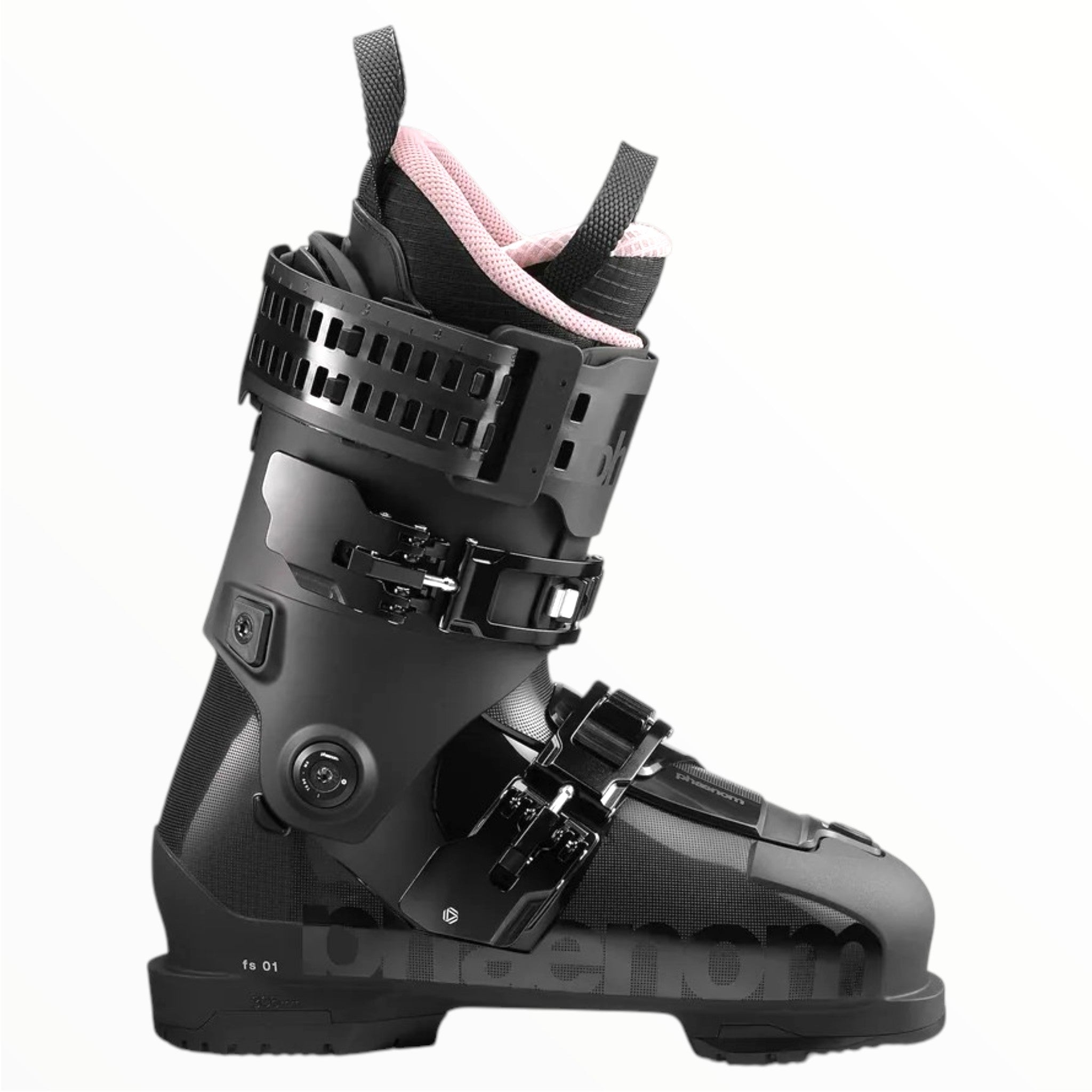 The Phaenom FS 01 90 Ski Boot by Phaenom is a black all-mountain boot with sturdy buckles and pink inner padding, shown in profile on a white background, designed for shock absorption and a customizable fit.