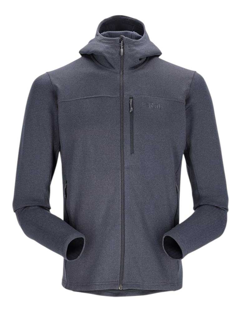 The Rab Mens Graviton Hoody in dark gray is a lightweight, fitted fleece jacket with a front zipper, two side pockets, and recycled polyester fleece—perfect for outdoor or casual use.