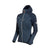 The Mammut Womens Eiswand Advanced ML Hooded Jacket, in blue with long sleeves, zippered chest pockets, and small white logos on the left chest and upper sleeve, is ideal for climbing and shown against a white background.