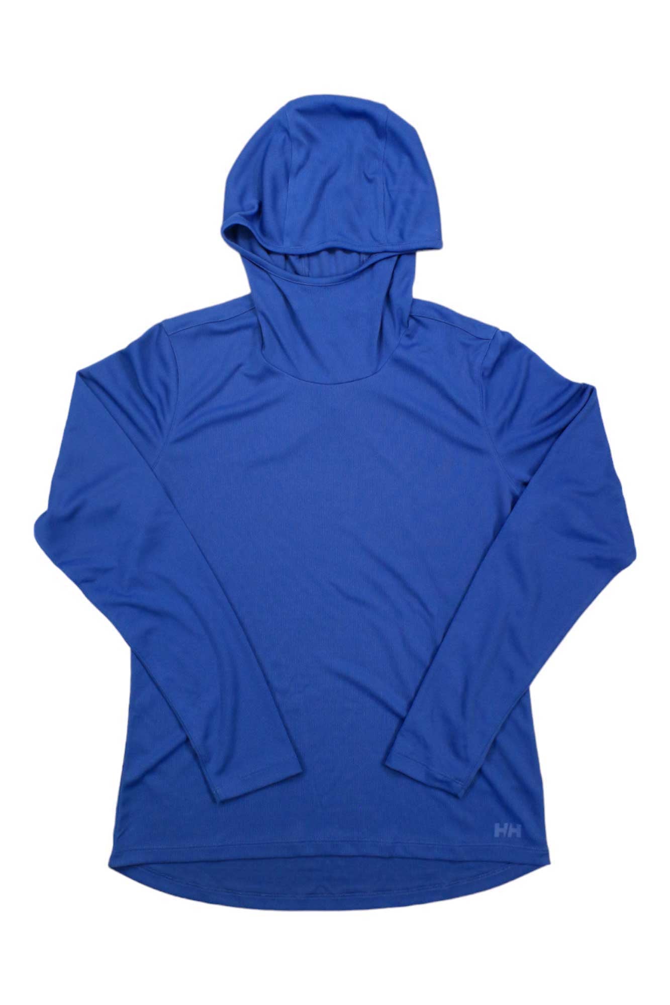 The Helly Hansen Womens Verglas Hoodie in blue is laid flat on a white background with the hood up and sleeves extended—ideal for sun protection during women's hiking adventures.