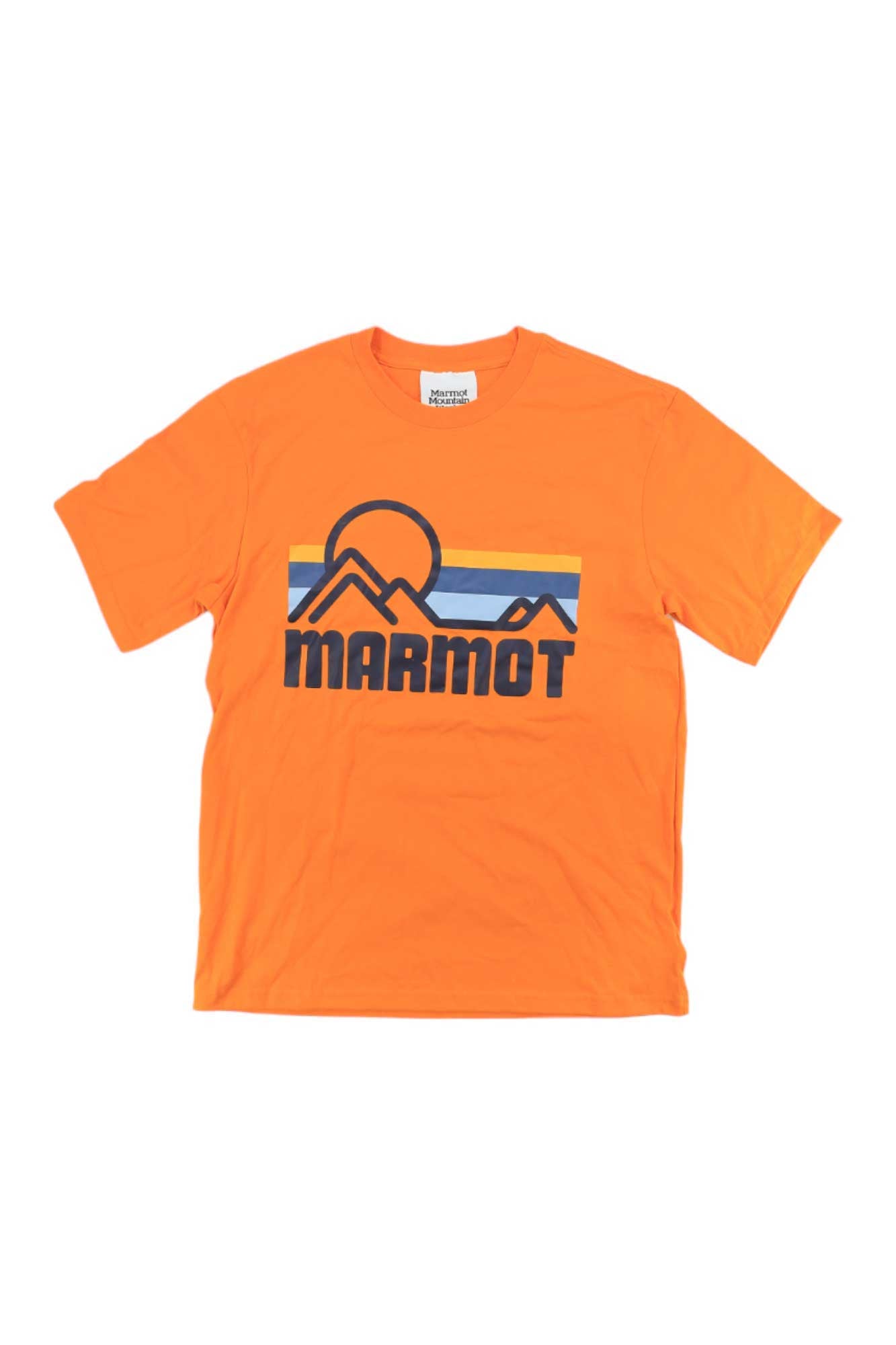 Men's short-sleeve T-shirt, orange, mountain logo graphic across chest