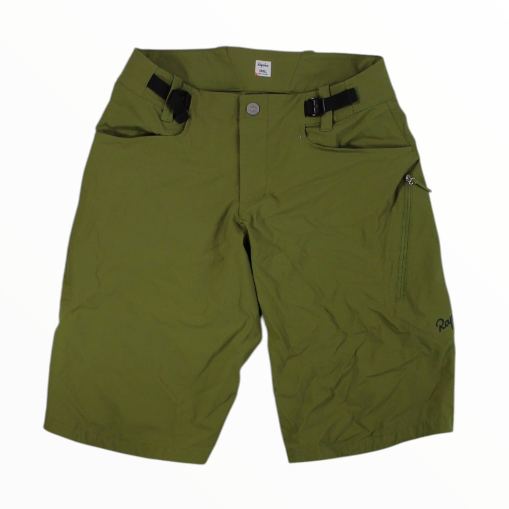 Men's trail shorts in olive green with adjustable waist tabs and side zip pockets