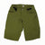 Men's trail shorts in olive green with adjustable waist tabs and side zip pockets