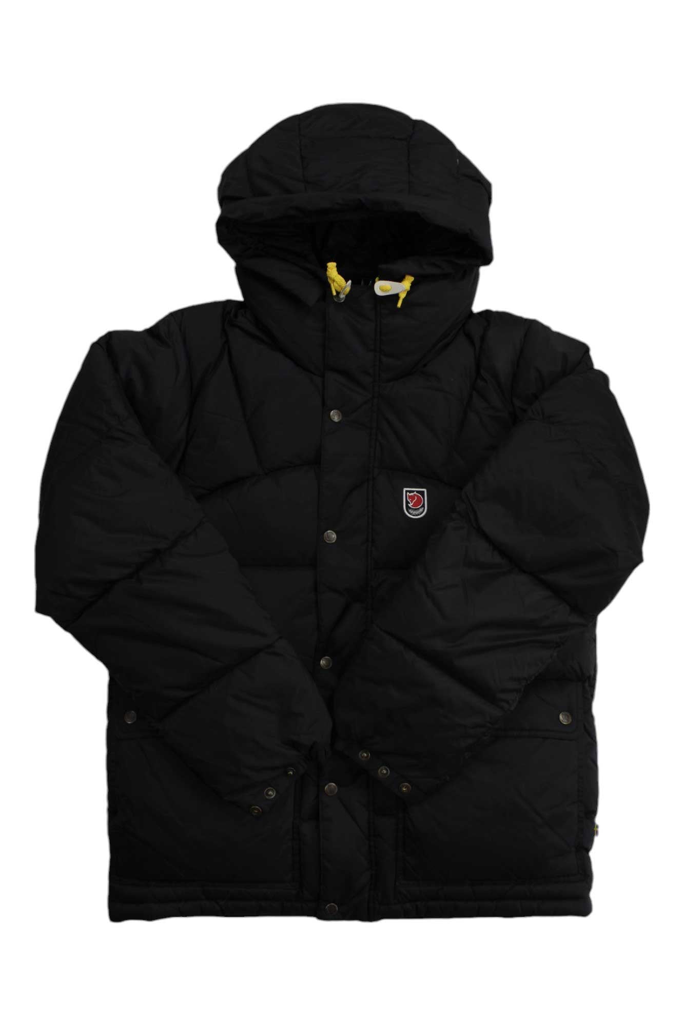 Black hooded puffer jacket with button front, two chest pockets, yellow drawcord.