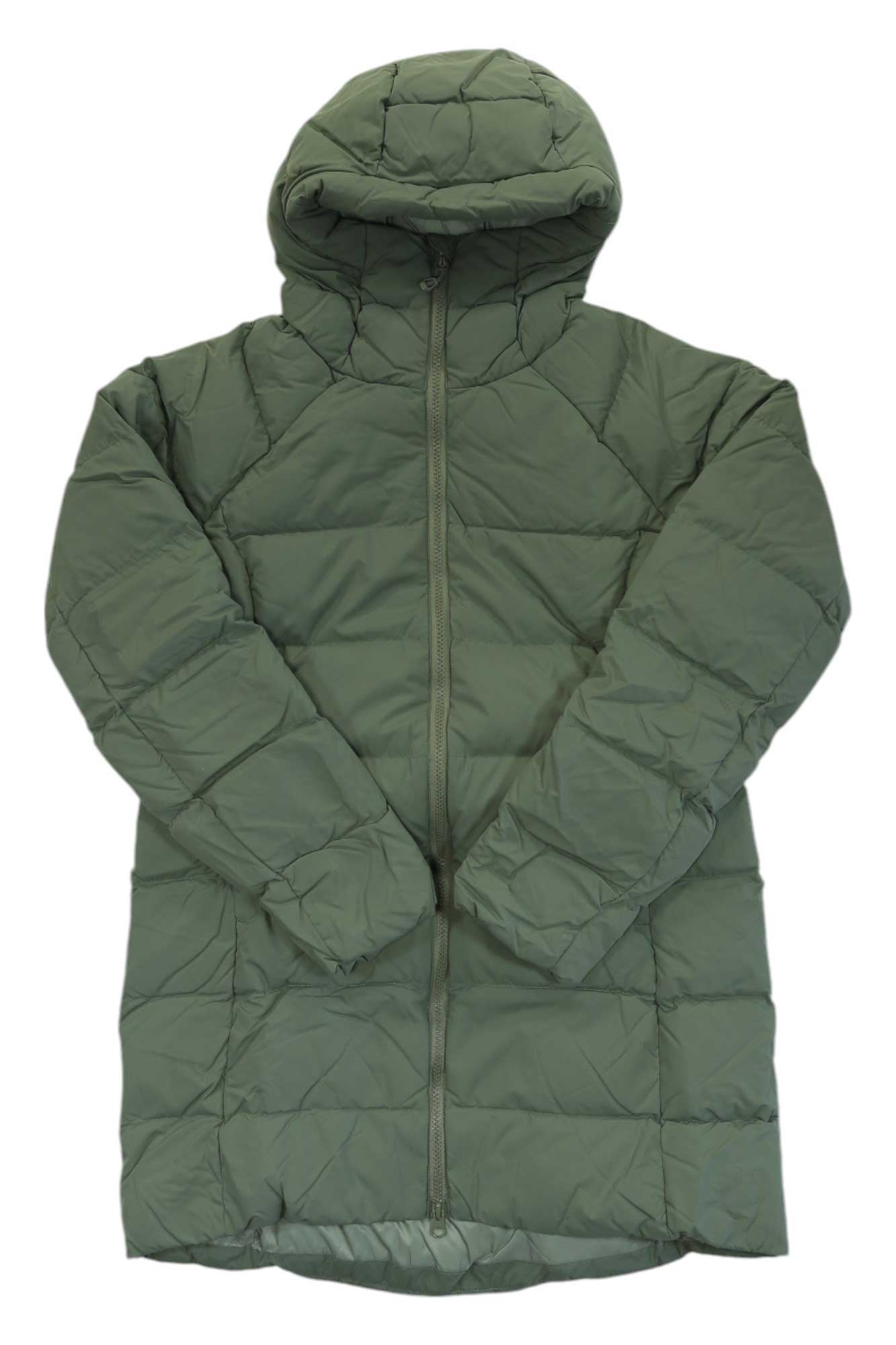 The Montane Womens Tundra Hoodie, an olive green down jacket with a hood and front zipper, is made from recycled materials. Laid flat on a white background, its sleeves are crossed over the front.