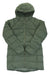 The Montane Womens Tundra Hoodie, an olive green down jacket with a hood and front zipper, is made from recycled materials. Laid flat on a white background, its sleeves are crossed over the front.