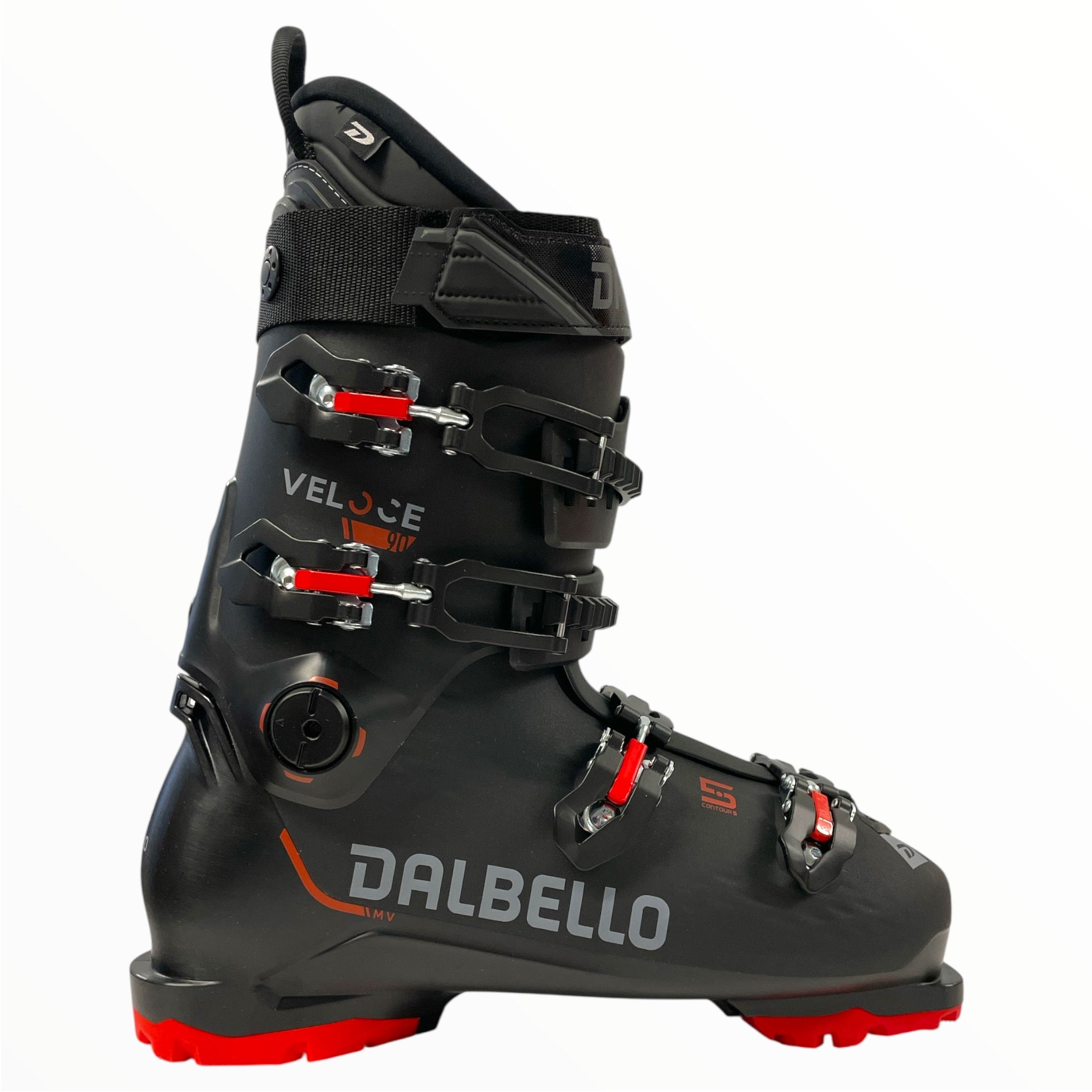 The Dalbello Veloce 90 GW Ski Boots are all-mountain boots shown in black with red and silver buckles, VELOCE and LV labels, GripWalk soles, and bright red sole accents, displayed from the side on a white background.