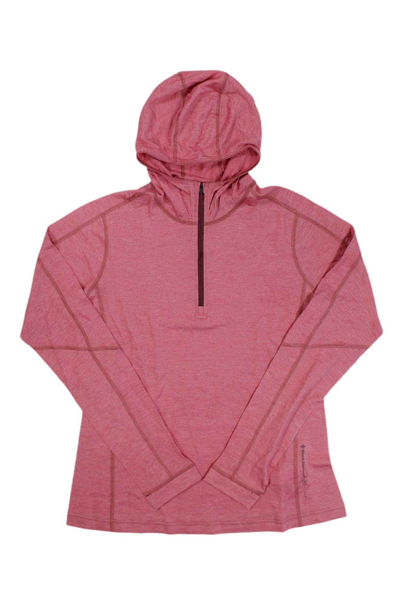 The Black Diamond Womens Solution 150 Merino Quarter Zip Hoody Baselayer is a rose-pink, lightweight, long-sleeve hoody with subtle seam details and a half-zip front, shown laid flat on a white background.