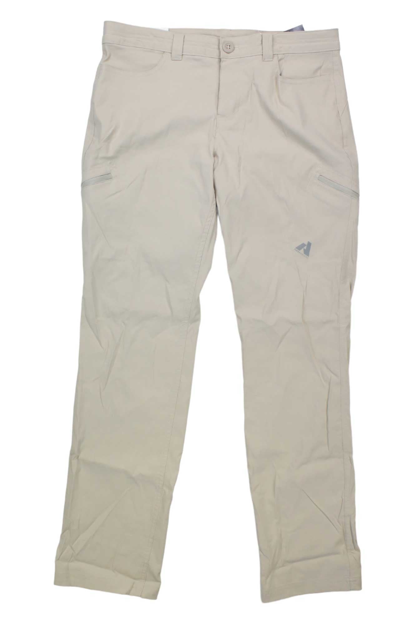 The Eddie Bauer First Ascent Women’s Guide Pro Pant is light beige, sun protective, water-resistant, and features front and side pockets, belt loops, a button closure, and a small logo on the left thigh. Laid flat on a white background.