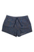 The Toad & Co Women's Boundless 4 Inch Short features a brown abstract pattern on blue, an elastic waistband with drawstring, moisture-wicking comfort, and a short length. Shown laid flat on a white background.