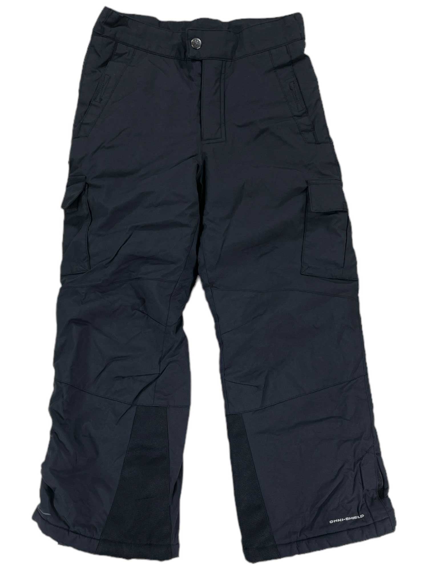 Kids Snow Pants in black, featuring insulation, cargo pockets, belt loops, and reinforced knee patches for cold weather, are displayed flat on a white background.