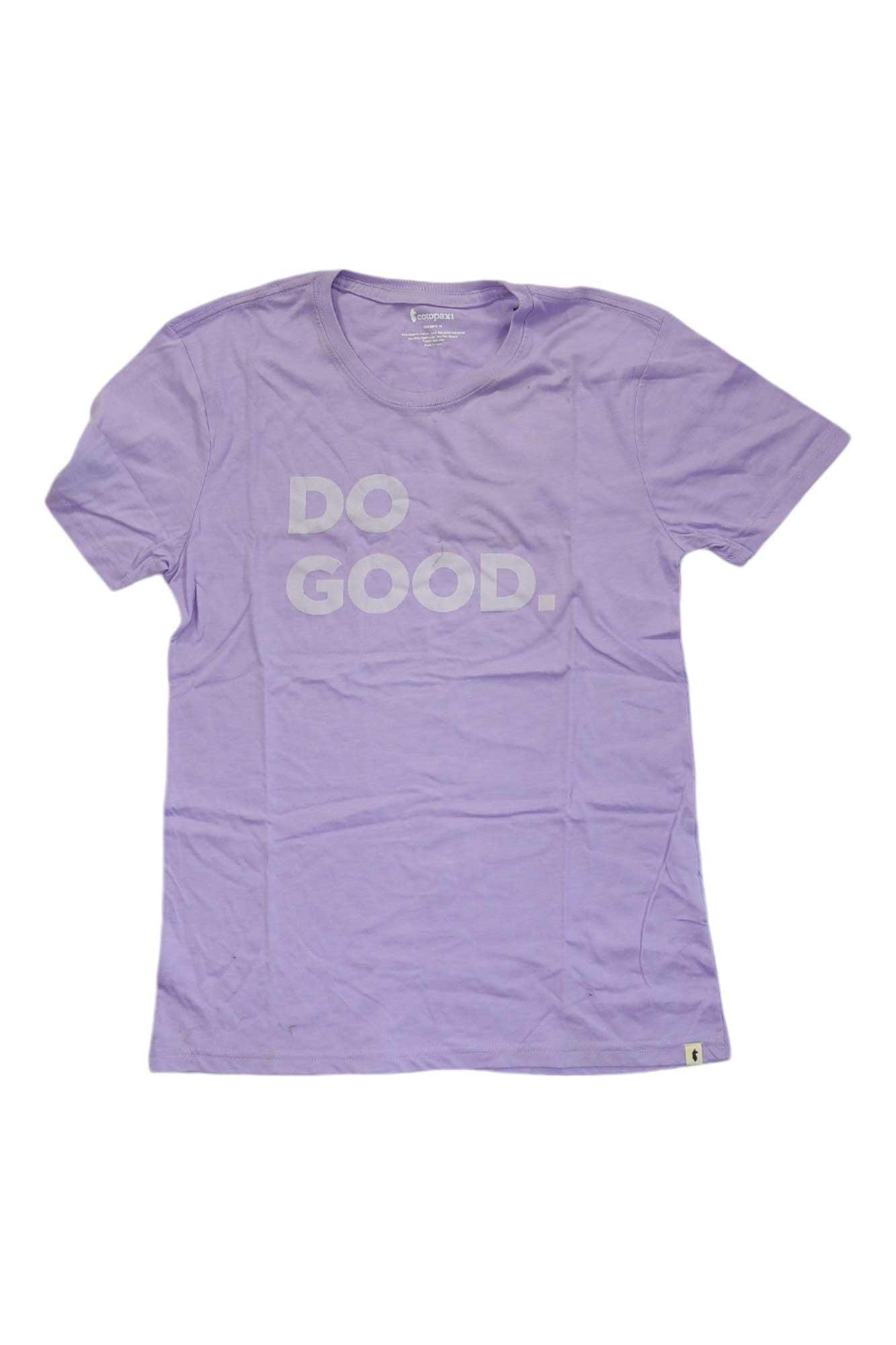 The Cotopaxi Womens Do Good SS Tee is a light purple, short-sleeve shirt made from recycled polyester and organic cotton, featuring "DO GOOD." printed in bold, light letters across the chest. The tee is displayed flat on a white background.