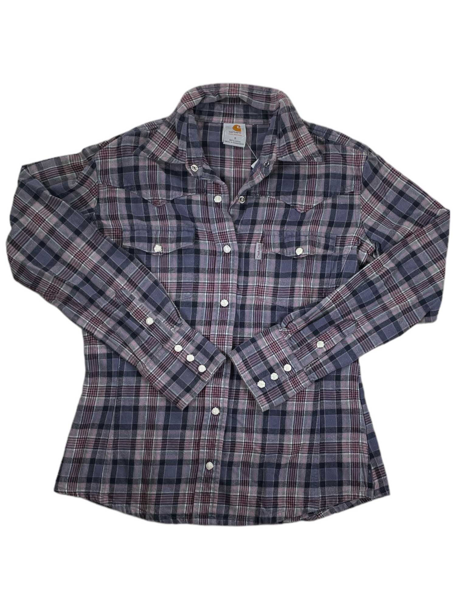 A Womens Western Button Up Long Sleeve Shirt, featuring a purple, black, and white plaid pattern, loose fit, two chest pockets, and white buttons, is laid flat on a white background.