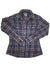 A Womens Western Button Up Long Sleeve Shirt, featuring a purple, black, and white plaid pattern, loose fit, two chest pockets, and white buttons, is laid flat on a white background.