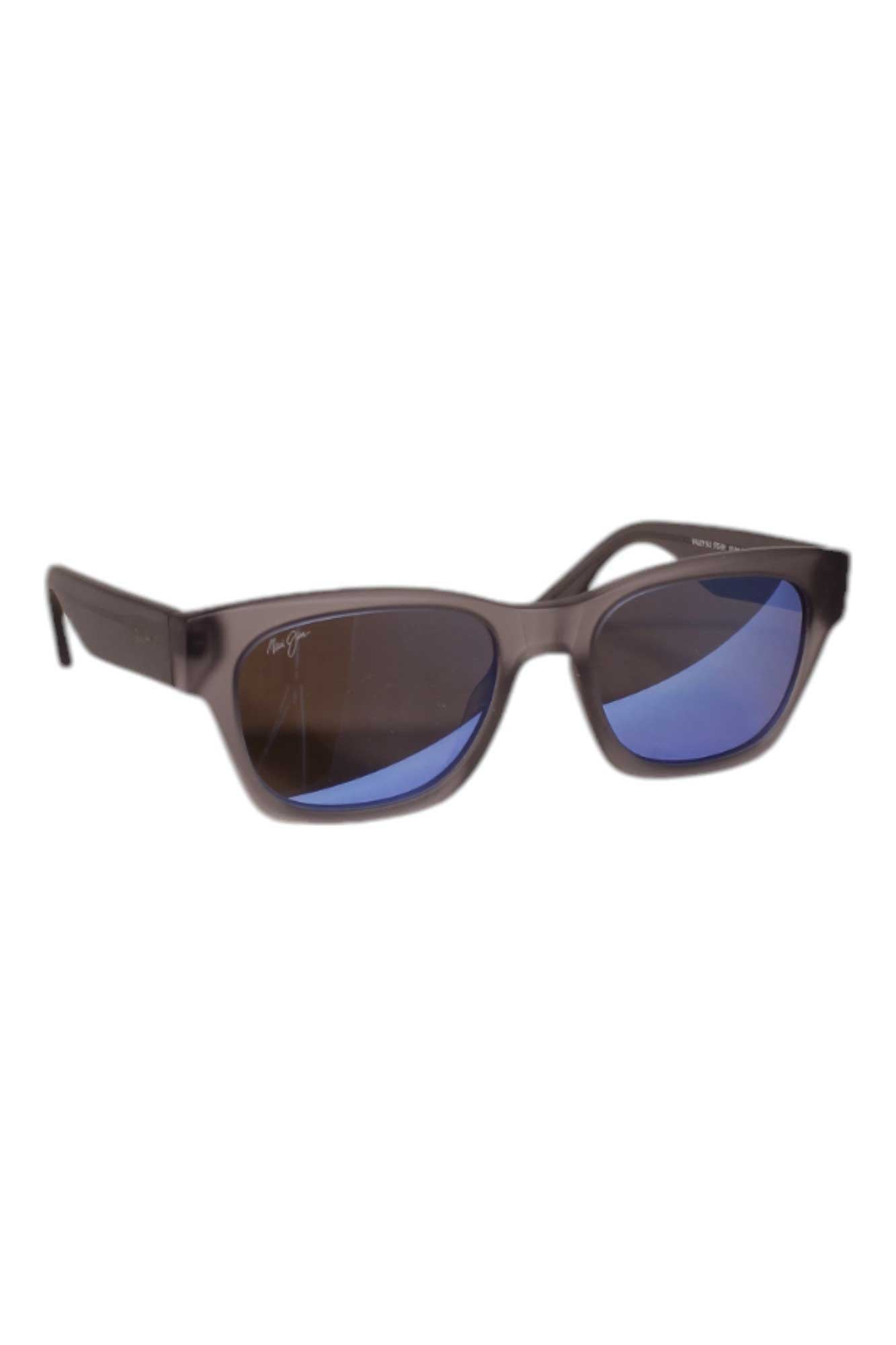 The Maui Jim Valley Isle Polarized Sunglasses feature a rectangular black frame and dark blue SuperThin Glass lenses, displayed on a white background.