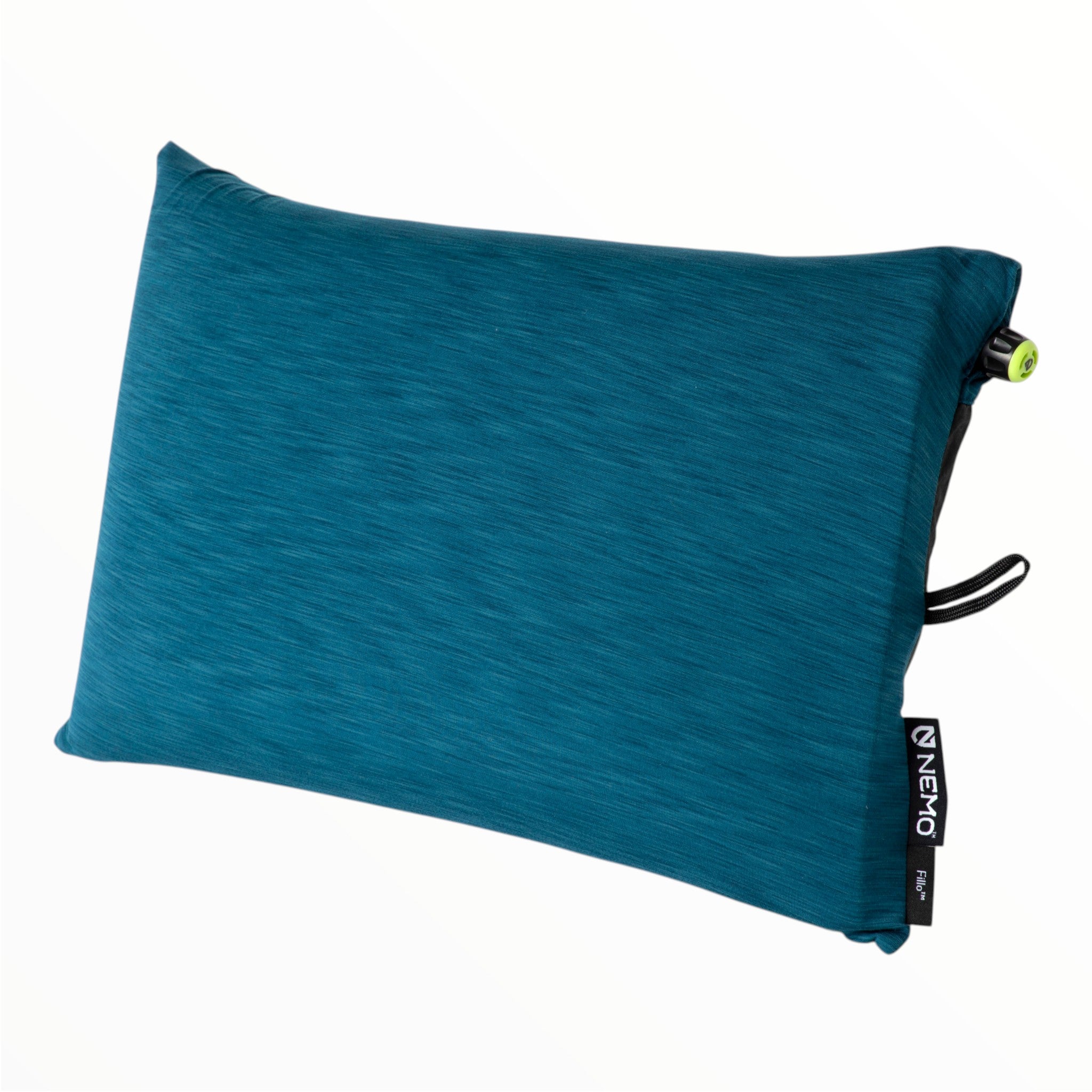 A blue, rectangular Nemo Fillo Pillow with a textured surface, black strap, small corner valve, and side “NEMO” tag is shown against a white background.