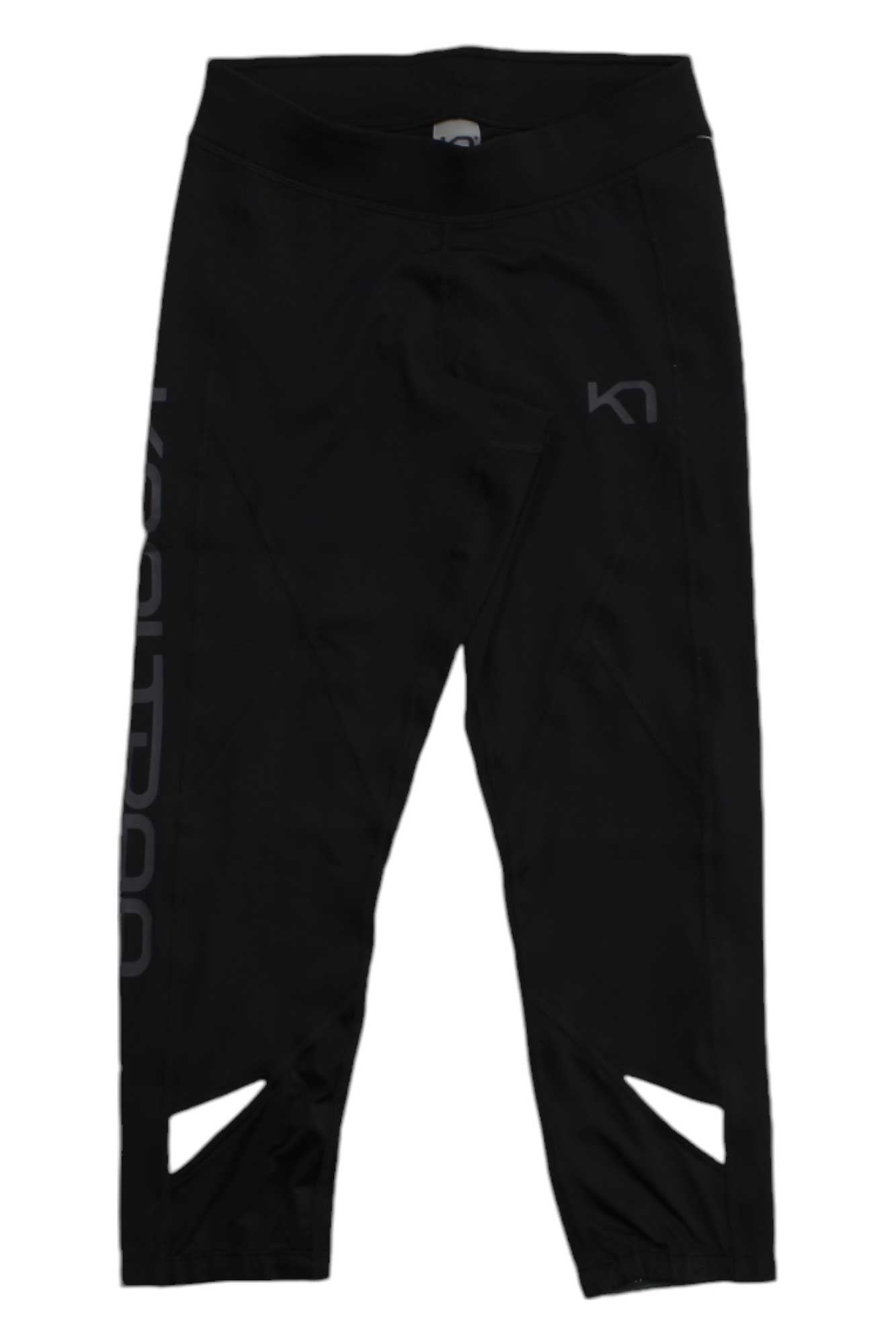The Kari Traa Womens Louise 3/4 Tights feature ankle cut-out details, a small left thigh logo, and a large right leg logo. Made from quick-drying fabric with a wide waistband for comfort throughout the day.