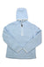 The Spyder Womens Cloud Hoodie is a light blue, long-sleeve hoodie made from soft polyester sherpa fleece. It features a half-zip front, hood, two front pockets, and white trim—ideal for layering on chilly skiing adventures.