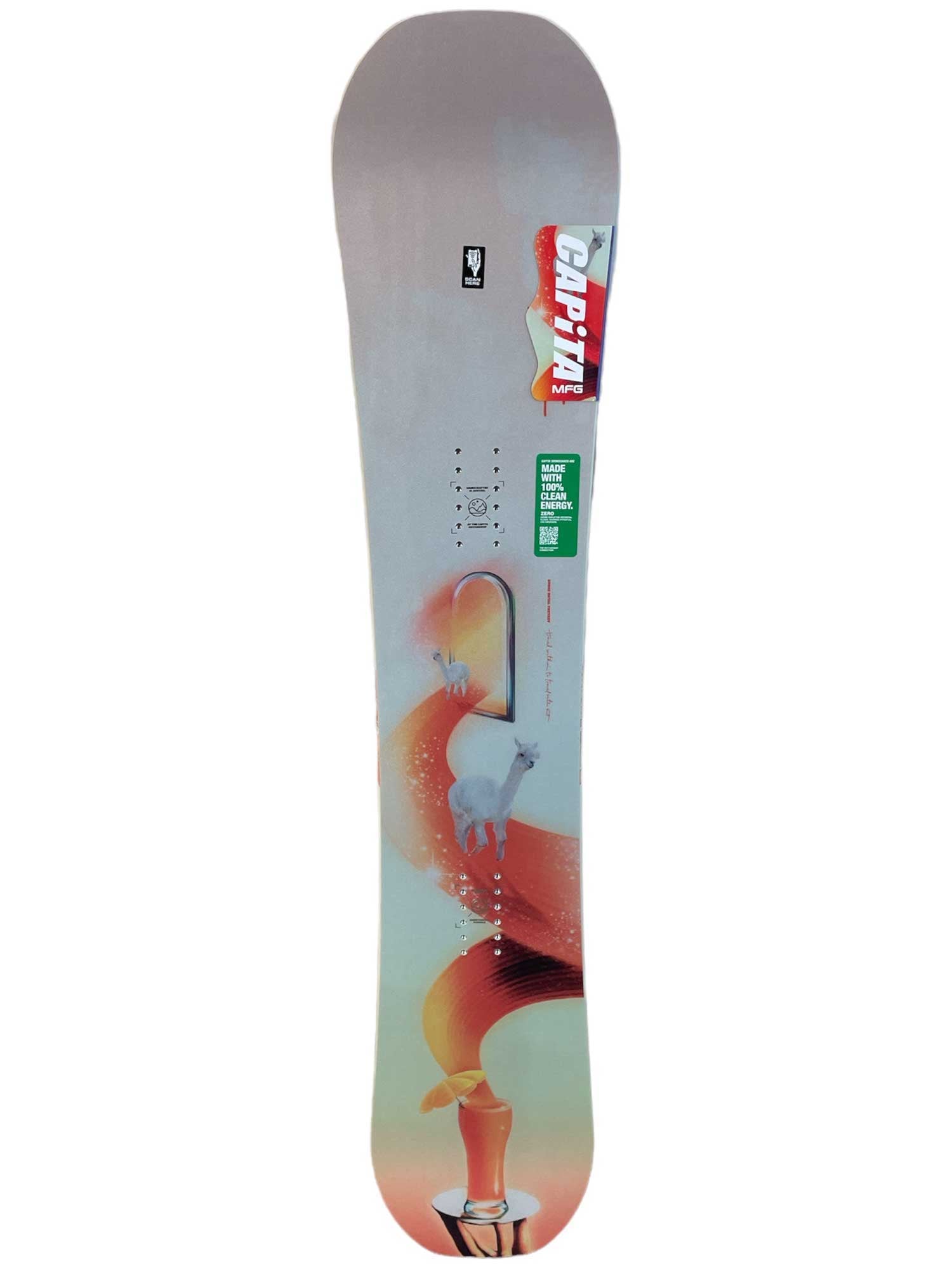Women’s space-themed snowboard deck with red-blue character graphic and printed sizing marks