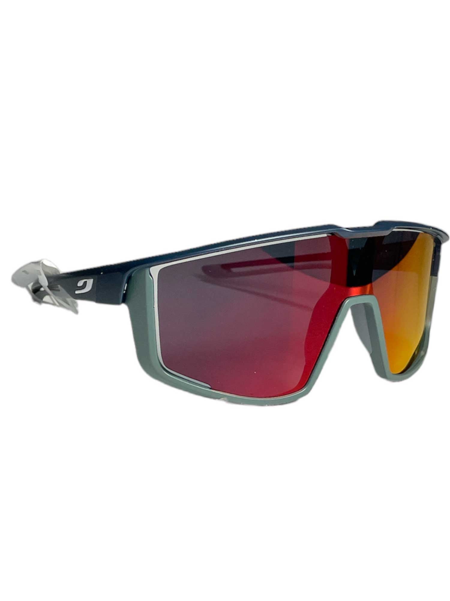 Sport sunglasses with mint-gray frame and dark red mirrored front lenses