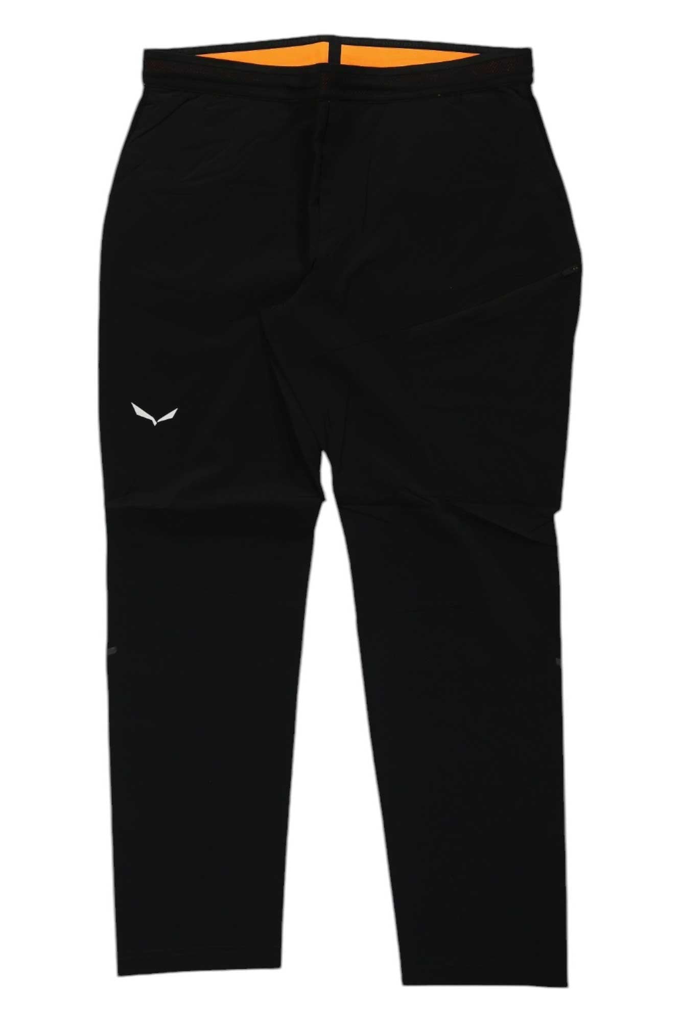 A pair of Salewa Mens Pedroc 2 DST Light Pant—black hiking pants with a small white logo on the left thigh and an orange waistband, shown laid flat on a white background.